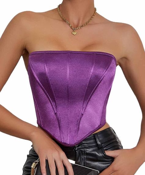 Amazon.com: Moessa Women's Satin Corset Top Sexy Backless Strapless Sweetheart Neck Bustier Boned Bodyshaper Party Crop Top 9385-Purple-S : Clothing, Shoes & Jewelry Satin Corset Top, Olivia Rose, Matching Costumes, Maxi Skirt Outfits, Strapless Crop Top, 30th Bday, Satin Corset, Big Girl Fashion, A Outfit