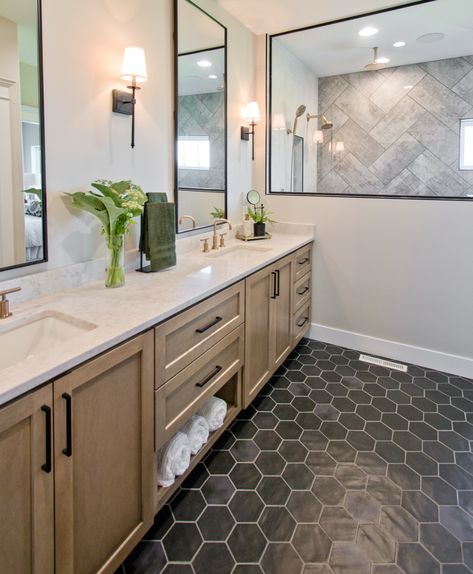 Bathroom Vanity Layout, Black Hexagon Bathroom, Black Floor Bathroom, Vanity Layout, Hexagon Tile Bathroom, Master Shower, Floor Bathroom, Bathroom Redesign, Modern Farmhouse Bathroom