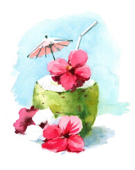 Coconut Drink, Summer Drawings, Caribbean Vacation, Tropical Painting, Summer Illustration, Cocktail Drink, Summer Painting, Beach Watercolor, Tropical Art