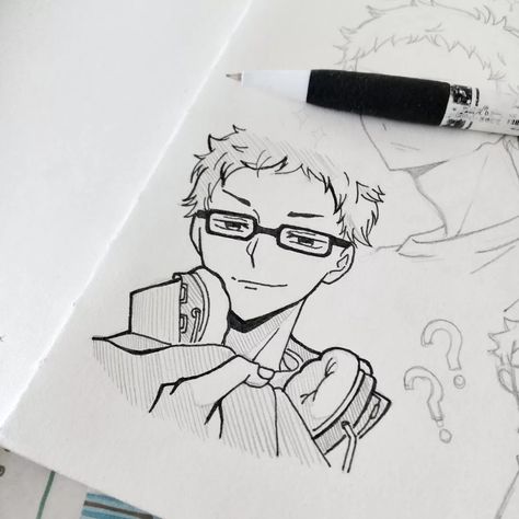 Men Drawing Aesthetic, Sketchbook Anime Ideas, Tsukishima Kei Drawing, Tsukishima Sketch, Haikyuu Base, Tsukishima Drawing, Haikyuu Sketch, Haikyuu Drawing, Male Art Reference