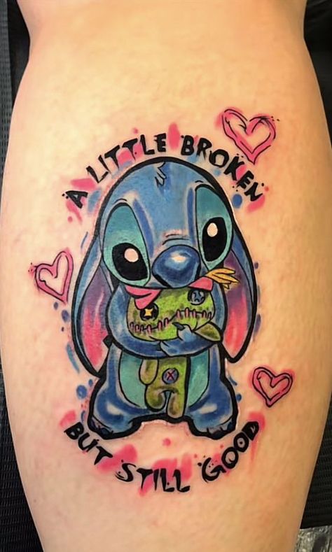 Watercolor Stitch Tattoo, Stitch And Scrump Tattoo, Cute Stitch Tattoo, Bluey Tattoos, Tattoo Ideas Disney, Disney Characters Tattoos, Tattoo Watercolour, Disney Stitch Tattoo, Lilo And Stitch Tattoo