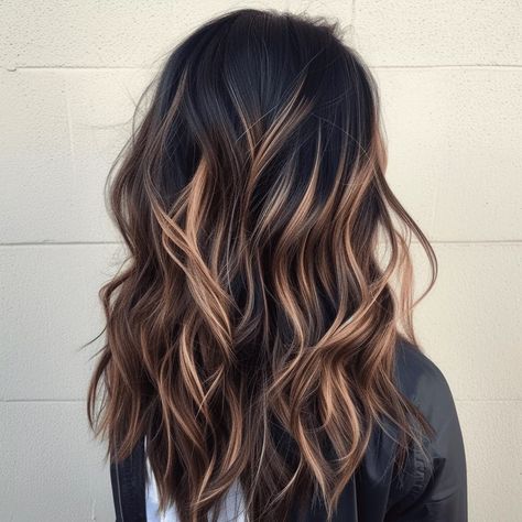 Black Hair With Caramel Balayage Hair Balayage On Dark Hair, Brown Hair Spring, Dark Hair Caramel Highlights, Spring Hair Colors For Brunettes, Hair Color Ideas Summer, Mushroom Balayage, Balayage With Money Piece, Hair Caramel Highlights, Low Maintenance Balayage