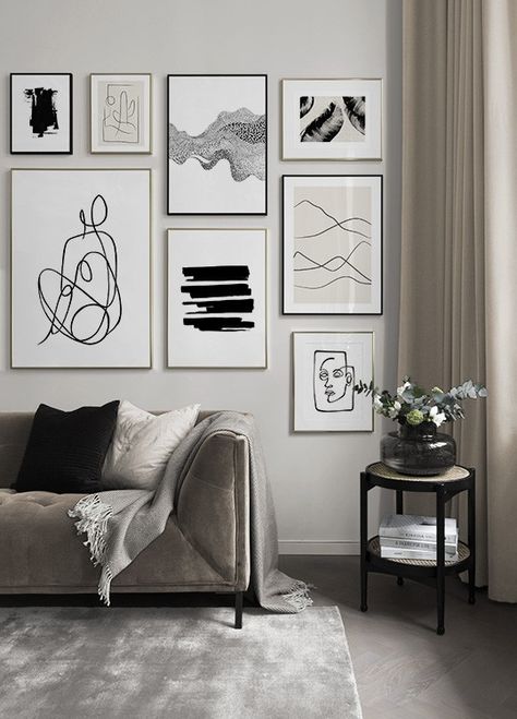 Gallery wall and picture wall inspiration - Desenio.com Wall Gallery Black And White, Desenio Gallery Wall, Black White Gallery Wall, Black And White Pictures On Wall, Grouping Pictures On A Wall, Painting Wall Collage, Poster Wall Inspiration, Picture Wall Office, White Frame Gallery Wall