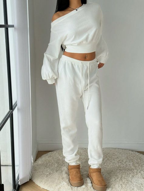 2pcs Women's Fleece Asymmetrical Neck Sweatsuit Set, Autumn/Winter White Casual    Plain  Slight Stretch  Women Clothing, size features are:Bust: ,Length: ,Sleeve Length: Fall Blouse, Sleeveless Tops Summer, Sweatsuit Set, Casual Athletic, Women's Shapewear, Womens Fleece, Wide Leg Denim, Inspiration Mode