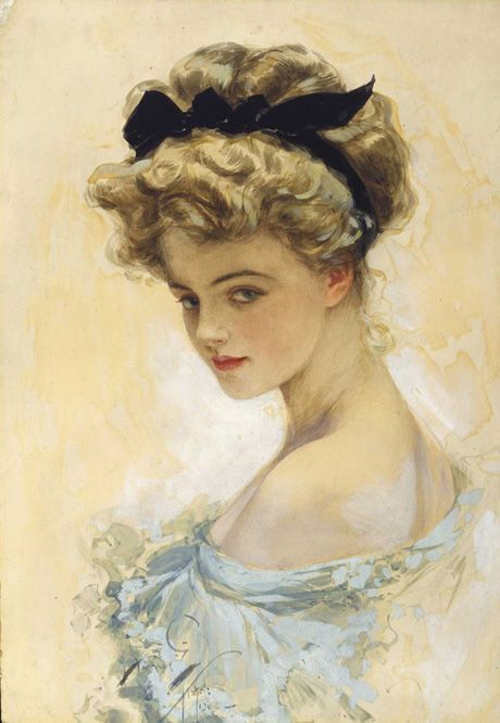 'Her Eyes Were Made to Worship' 1908, gouache & watercolor on board, 17"x12", signed and dated lower left; Saturday Evening Post, October 10, 1908 cover; American Beauties by Harrison Fisher, Bobbs-Merrill, 1909 cover and p87;  The Little Gift Book, by Harrison Fisher, Charles Scribner's Sons, 1913, #22 Rolf Armstrong, Harrison Fisher, Istoria Modei, Seni Vintage, American Illustration, Gibson Girl, American Beauty, Vintage Printables, Vintage Ephemera