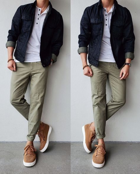 Mens Olive Jeans Outfit, How To Style Khaki Pants Men, Light Green Chinos Outfit Men, Simple Fashion Outfits Men, Olive Shirt Men, Mens Green Pants Outfit Casual, Casual Style Outfits Men, Olive Green Chinos Outfit Men, Light Green Pants Outfit Men