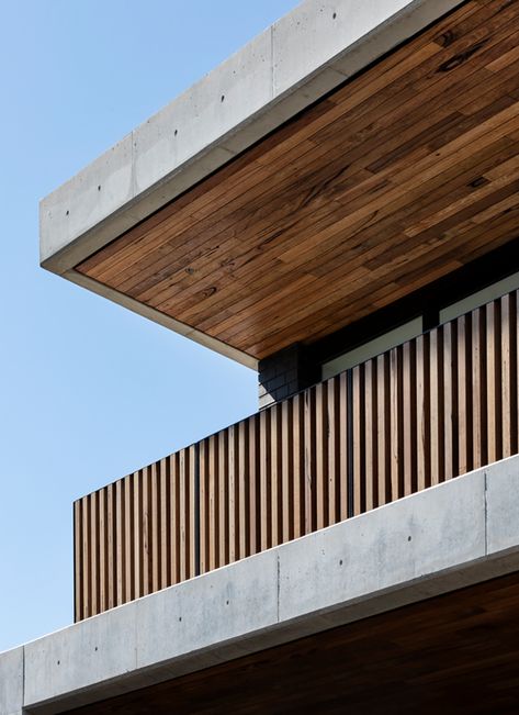 Modern Parapet Wall Design, Timber Pendant Lighting, Wood Cladding Exterior, Wooden Railing, Farm Villa, Mix Concrete, Building House Plans Designs, Wood Cladding, Timber Cladding