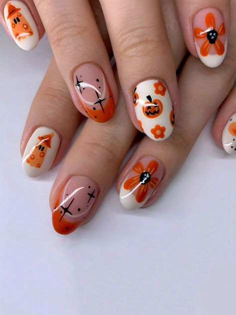 24pcs Halloween Pumpkin & Ghost Hat French Design Manicure Set For Long Nails, Suitable For Parties, Dancing Or Festival Wear Multicolor      Color Nails   Nail,Hand & Foot Care, size features are:Bust: ,Length: ,Sleeve Length: Acrylic Nails Autumn Colours, Level One Nail Art, Cute Halloween Nails Ghosts, Halloween Nails Not Acrylic, Autumn Nails Cute, Holoween Nail Design, September Manicure Ideas, Cute Ghost Halloween Nails, Pre Halloween Nails