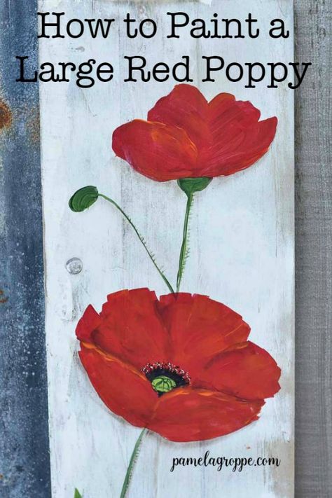 Learn how to paint a large red poppy. Easy, beginner friendly painting lesson for poppy flowers. Paint larger than life with easy and you can paint DIY signs, canvas paintings and on rustic wood. Enjoy painting with larger brushes in acrylics for a fun relaxing experience. #diyart #acrylics #paintinglesson Dvd Craft, Painted Fence, Red Poppy Painting, Poppy Flower Painting, Painting Poppies, Easy Art Lessons, Simple Oil Painting, Seed Pod, Acrylic Painting Flowers