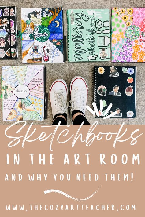 Thinking about incorporating student sketchbooks in your middle and high school art classroom? Click here to find out the many benefits and ways in which I use them to help improve my students' drawing skills. Sketchbook Ideas For Middle School, Middle School Sketchbooks, Middle School Art Bell Ringers, Middle School Sketchbook Ideas, Art Class Syllabus Middle School, Art Room High School, High School Sketchbook Prompts, Teaching Middle School Art, Drawing Projects For High School