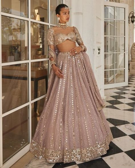 Indian Lehenga Designs For Wedding, Pink Mirror Lehenga, Dusty Rose Lehenga Bridal, Wedding Dress For Indian Bride, Lengha Long Sleeve, Sequin Lehenga Designs, Cocktail Lehenga For Bride, Mishruofficial Lehenga, Lenghas For Prom