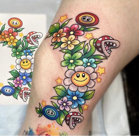 Nintendo Tattoo, Mario Tattoo, Hippie Tattoo, Bright Tattoos, Retro Tattoos, Kawaii Tattoo, Sweet Tattoos, Cute Little Tattoos, Glitter Tattoo