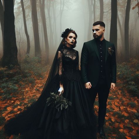 Gothic Wedding Couple, Goth Bride And Groom, Courthouse Wedding Black Dress, Gothic Bride And Groom, Gothic Wedding Alter, Halloween Wedding Photo Ideas, Gothic Wedding Pictures, Goth Groom Attire, Goth Wedding Photoshoot