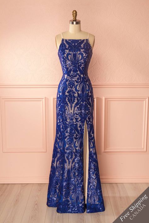 Blue sequin evening mermaid gown - Robe longue de soirée bleue à coupe sirène avec paillettes Blue Gowns Dresses, Mermaid Cut Gown, Mermaid Cut Dress, Blue Lace Prom Dress, Gown Fitted, Gown Boutique, Royal Blue Bridesmaid Dresses, Blue Evening Gowns, Royal Blue Lace