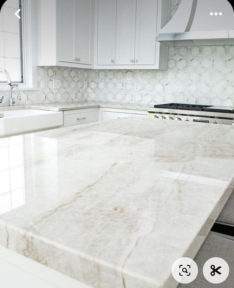 Taj Royale Caesarstone Kitchen, White Kitchen White Countertops, White Marble Countertops Kitchen, Warm Quartz Kitchen Countertops, Kitchen Countertops With White Cabinets, Quartz Kitchen Countertops Colors, Honed Granite Countertops, Countertop Redo, Modern Coastal Kitchen