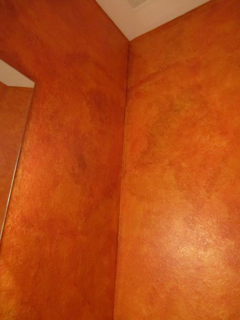 Deep Orange glazed walls Orange Room Walls, Orange Limewash Walls, Limewash Orange, Orange Walls Bedroom, Deep Orange Wallpaper, Orange Walls Living Room, Whimsigoth Bathroom, Light Orange Paint, Pastor Office