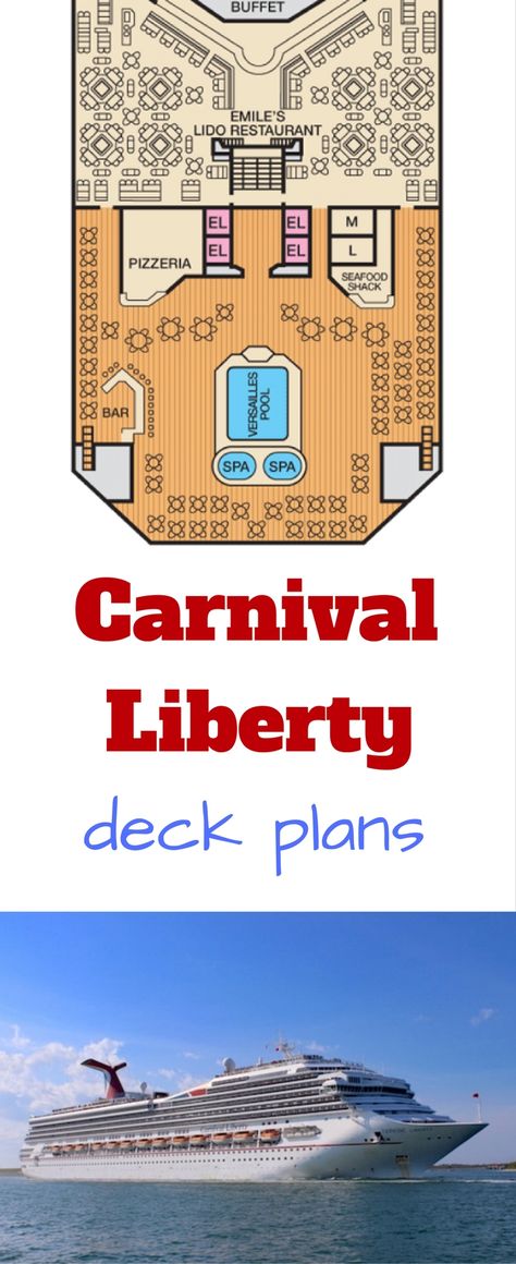 Find comprehensive Carnival Liberty deck plans. Locate the perfect area of your cruise ship, where the food venues are and layout of each floor. Cruise Carnival, Carnival Cruise Tips, Carnival Glory, Cruise Ship Vacation, Carnival Liberty, Deck Plan, Carnival Cruise Ships, Ship Cruise, Royal Caribbean Ships