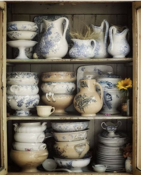 Shelves Inspiration, Vintage Transferware, Vintage Crockery, Casa Country, Ivy House, Blue White Decor, Brown Transferware, Antique Dishes, Blue And White China