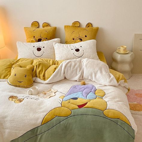 Introducing the Winnie The Pooh Thickened Coral Velvet Winter Four-Piece Bed Set - the coziest and most adorable addition to your bedroom! Say goodbye to cold winter nights and hello to warmth, comfort, and Disney magic! 🛏️ Style: Cartoon 🎨 Pattern: Walt Disney Character 💛 Color: Winnie The Pooh Choose the perfect size for your bed: Twin, Full/Double, or Queen. We've got you covered, literally! Made with super-soft coral velvet, this bed set is like a warm hug from Pooh Bear himself. No more Winnie The Pooh Bedroom, Winnie The Pooh Room, Winnie The Pooh Decor, Walt Disney Characters, Bed Twin, Cute Winnie The Pooh, Soft Coral, Baby Necessities, Cute Bedroom Decor