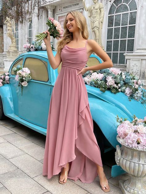 Bridesmaid Cami Dress In Pink With Draped Neck And Solid ColorI discovered amazing products on SHEIN.com, come check them out! Latest Bridesmaid Dresses, Trendy Bridesmaids, Coral Bridesmaid Dresses, Chiffon Party Dress, Formal Bridesmaids Dresses, Bridesmaid Dresses Long, Rosa Coral, Elegant Bridesmaid Dresses, Bridesmaid Dresses Long Chiffon