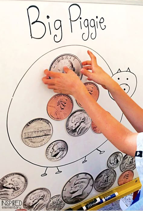 Do you play this math game in your classroom? Big Piggie is a fun way for students to practice counting money. Students work in teams to count coin amounts and this game can be used as a math center too. #math #free Aesthetic Math, Money Kindergarten, Math Aesthetic, Games Kindergarten, Math Money, Teaching Money, Money Activities, Coin Games, Counting Coins