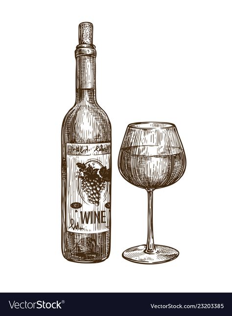 Drawing Of Wine Bottle, Wine Illustration Vintage, Wine Bottles Drawing, Bottle Of Wine Drawing, Wine Bottle Tattoo, Drink Sketch, Flask Drawing, Wine Bottle Drawing, Wine Sketch