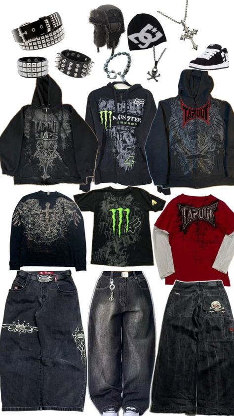 Affliction skater jnco tapout monster fits Skater Fits, The Slim Shady, Street Style Outfits Casual, Punk Style Outfits, Silly Clothes, Skater Outfits, Outfit Inspo Casual, Swaggy Outfits