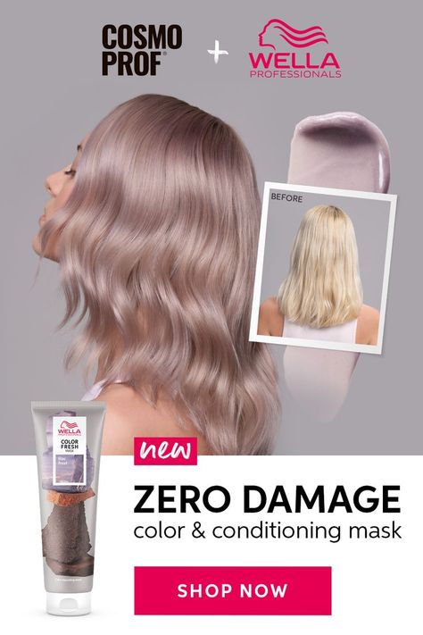 Lilac is in—and now it's so much easier to maintain! Send your clients home with the Wella Color Fresh Mask in Lilac Frost for easy at-home color maintenance. This zero-zamage, deep conditioning mask will help to neutralize any brass in between salon appointments, OR your clients can use it to frost themselves at home! Now available at CosmoProf Beauty Stores. Lilac Frost Hair, Wella Color Fresh Mask, Color Fresh Mask, Deep Conditioning Mask, Frosted Hair, Wella Color Fresh, Hair Mask For Damaged Hair, Professional Hair Color, Best Hairstyles For Women