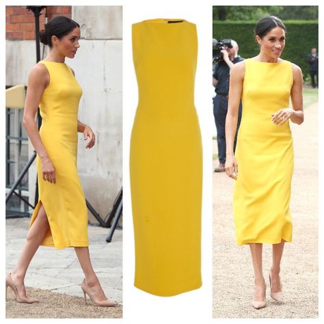 The Duchess stepped out of her comfort zone and opted for a cheery yellow Brandon Maxwell dress for her outing with Prince Harry on July 5. Meghan, who paid homage to her roots the day after the Fourth of July, wore the American designer's $1,495 midi sheath dress. Meghan Markle Style Dresses, Sheath Dress Outfit, Meghan Style, Meghan Markle Dress, Estilo Meghan Markle, Meghan Markle Outfits, Yellow Evening Dresses, Prins Harry, Meghan Markle Style