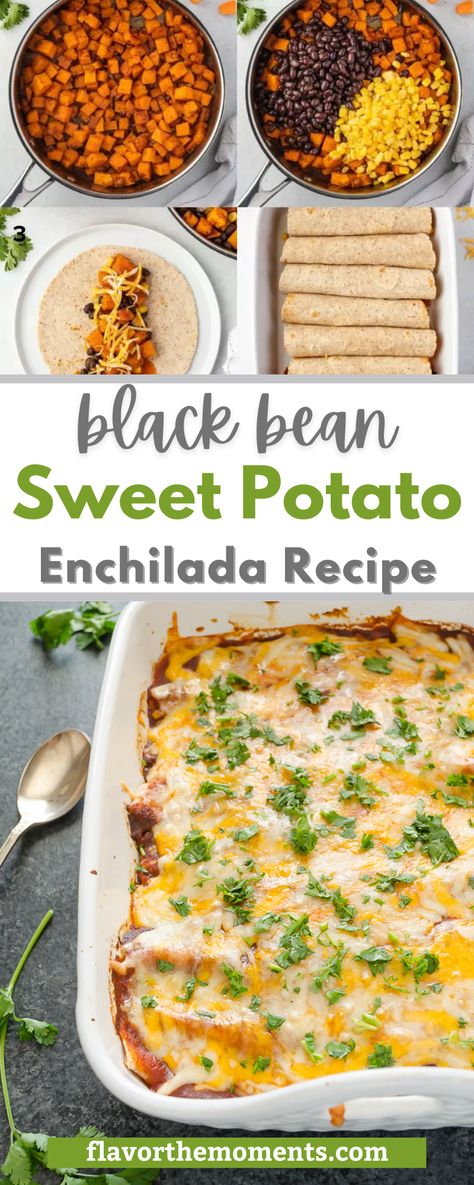 Black Bean Sweet Potato Enchiladas Recipe is so delicious and hearty. My family loves Mexican food, so I make it weekly. While my family loves taco night, I almost always prefer making enchiladas because I can make the components in advance and even assemble the entire meal ahead of time. Normally I serve my meat loving family chicken enchiladas or green enchiladas, but these Black Bean Sweet Potato Enchiladas prove that meatless meals can be extremely satisfying as well. Black Bean Sweet Potato Enchiladas, Sweet Potato Enchiladas, Potato Enchiladas, Black Bean Sweet Potato, Green Enchiladas, Sweet Potato Black Beans, Enchiladas Recipe, Pescatarian Recipes, Tasty Vegetarian Recipes