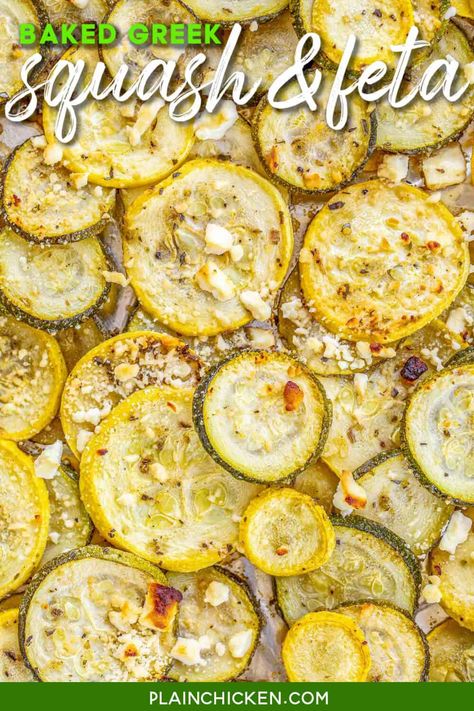 Baked Greek Squash and Feta Recipe - a simple side dish that tastes delicious! Ready for the oven in minutes. Great with grilled chicken, pork, steak, and even pasta! Yellow squash, zucchini, olive oil, Greek seasoning, and crumbled feta cheese. We make this all the time! YUM! #vegetables #squash #sidedish #lowcarb #keto Greek Squash, Zucchini Side Dish Recipes, Plain Chicken Recipe, Greek Vegetables, Zucchini Side Dishes, Feta Recipe, Yellow Squash Recipes, Squash Zucchini, Greek Seasoning