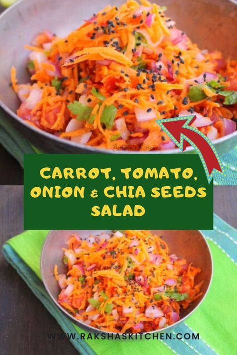 Best grated carrot salad recipe is this one in which grated carrot, tomato, onion and chia seeds are mixed. Perfect weight loss salad recipe. One of the best chia seed salad recipe with vegetables. #carrotsalad #gratedcarrotsalad #saladwithchiaseeds #chiaseeds #weightlosssalad #tomatosalad #onionsalad Salad Recipes Pasta, Grated Carrot Salad, Carrot Salad Recipes, Seed Salad, Food Indian, Carrot Salad, Recipes Pasta, Indian Kitchen, Foodie Friends