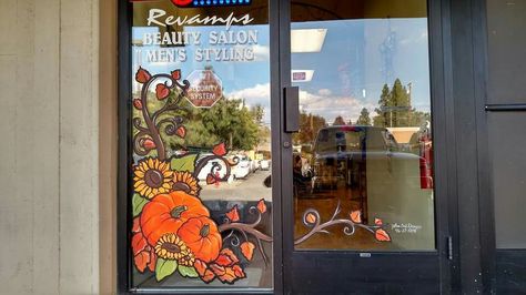 Harvest window painting Yellow sail designs window-painter.com Window Painting For Business, Snoopy Window Painting, Turkey Window Painting, Fall Window Painting Store Fronts, Thanksgiving Window Painting, Fall Window Painting Ideas, Window Painting Ideas, Fall Window Painting, Windows Painting