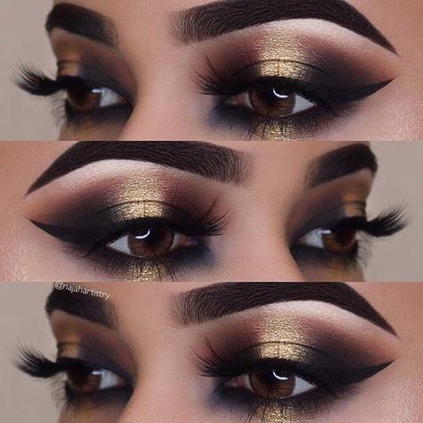 Make Up Designs, Nye Makeup, Make Up Gold, Gold Smokey Eye, Drag Make-up, New Years Eve Makeup, Gold Eye Makeup, Glitter Eye Makeup, Glitter Eye