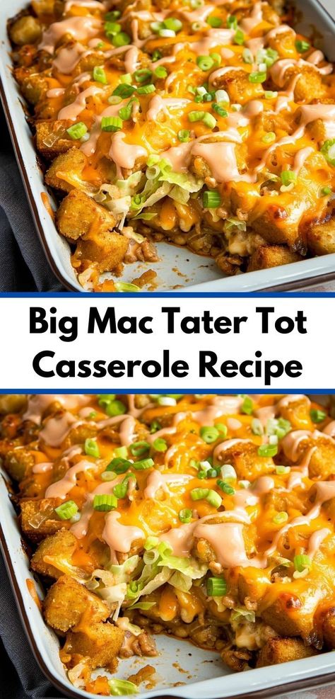 Enjoy a tasty and unique dish with this Big Mac tater tot casserole recipe. Cheesy, savory, and satisfying. Big Mac Tater Tot Casserole, Mexican Tater Tot Casserole, Cheesy Tater Tot Casserole, Chicken Tater Tot Casserole, Tater Tot Casserole Recipe, Mexican Favorites, Tater Tot Recipes, Tater Tot Casserole Recipes, Yummy Casserole Recipes