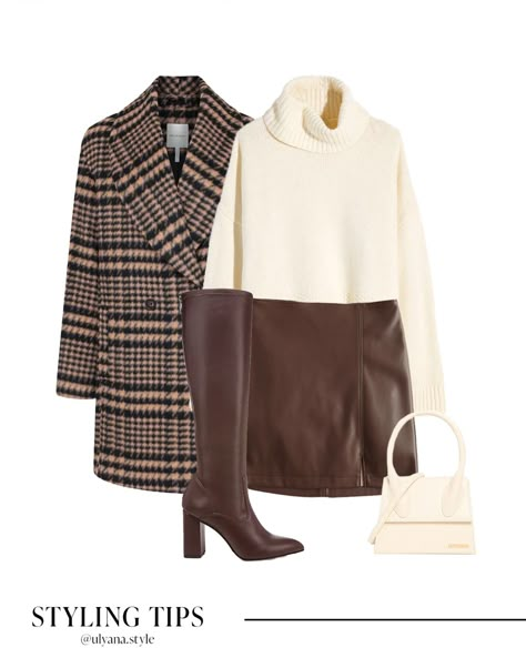 Houndstooth Skirt Outfit, Boots Outfit Brown, Brown Knee High Boots Outfit, Brown Leather Skirt Outfit, Leather Skirt Outfit Winter, Skirt And Boots Outfit, Skirt And Sweater Outfit, Sweater And Skirt Outfit, Outfit Ideas Brown