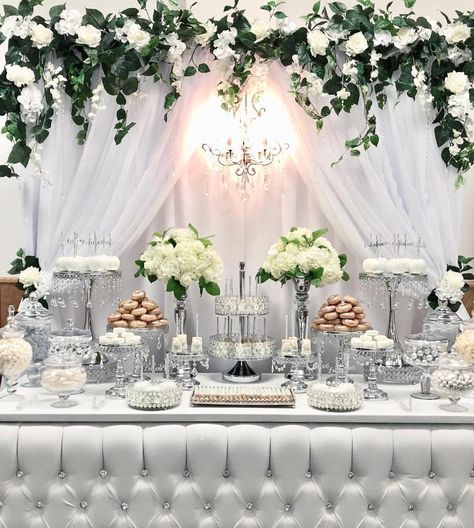 Tbt to this beautiful white and silver candy dessert table by @bizziebeecreations #minidonuts #floral #backdrop #eventdecor #eventplanner… Bridal Desserts, Blush Pink Wedding Centerpieces, Candy Dessert Table, Romantic Dinner Decoration, 25th Wedding Anniversary Party, Candy Creations, Treat Table, Dessert Table Decor, Rose Gold Party