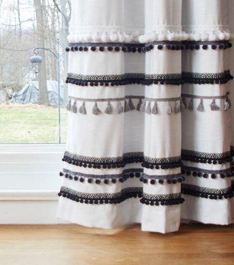 How To Embellish Plain Curtains, Curtain Embellishments Diy, Trim On Curtains, Adding Trim To Curtains, Upcycle Curtains, Curtain Embellishments, Curtain Upcycle, Ikea Curtain Hack, Upcycle Accessories