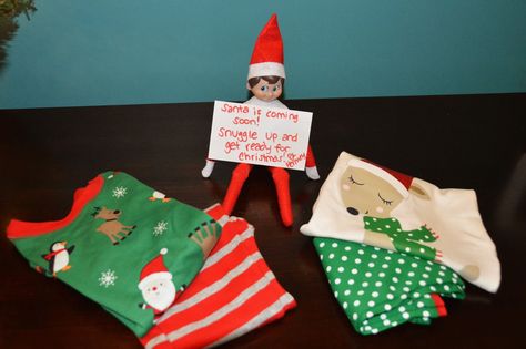 Have elf bring christmas pjs early.. Not Christmas Eve....then we can wear them longer! Elf On The Shelf Bring Pajamas, Elf On The Shelf Arrival With Pajamas, Elf Brings A Gift, Elf On Shelf Brings Pajamas, Elf On The Shelf Pjs, Elf On The Shelf Bringing Pajamas, Elf Bringing Pajamas, Elf On The Shelf Brings Pjs, Elf Pajama Ideas