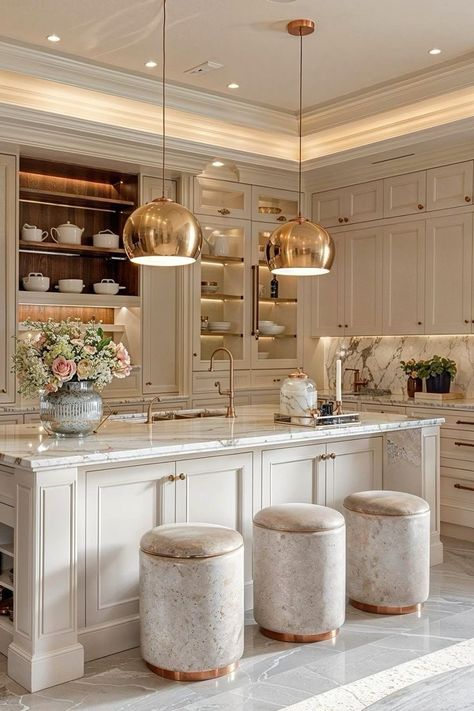 White And Gold Kitchen Decor, Open Concept Interior Design, Gold Kitchen Appliances, White And Gold Kitchen Ideas, Black White And Gold Kitchen, Gold Kitchen Decor, Modern Gold Kitchen, White And Gold Kitchen, Kitchen Ideas Luxury