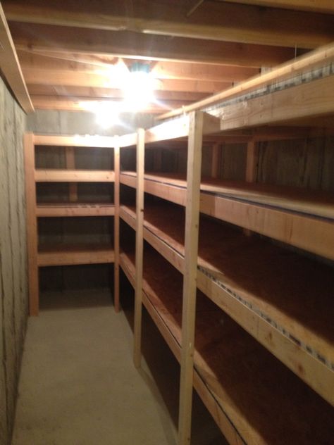 Cold storage room shelves Storage Room Shelves, Cold Storage Room, Basement Storage Shelves, Food Storage Rooms, Food Storage Shelves, Laundry Room Storage Shelves, Room Storage Diy, Root Cellar, Storage Room Organization