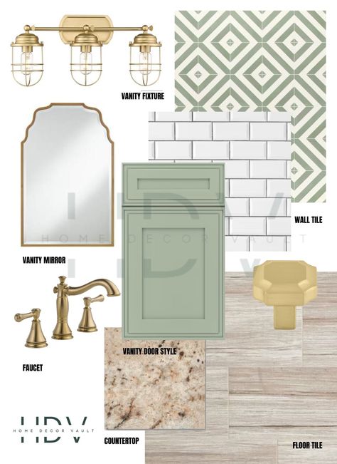 Completely transform your bathroom into a soft, coastal haven of soft greens, light wood tones, delicate lines, and fun patterns! Bring a sense of calm and character to your bathroom remodel with this design package and watch your cares melt away! Why wait to go to the coast when you can bring the feel of the coast to you? This product is an instant download that will give you immediate access to: - THE BATHROOM DESIGN BOARD listed with an option for the following: Wallpaper, vanity lighting, va Bathroom Colors With Gold Fixtures, Lowes Bathroom Remodel, Cottage Green Bathroom, Light Green Vanity Bathroom, Green Color Scheme Bathroom, Light Green And White Bathroom, Muted Green Bathroom, Sage Green Powder Room Ideas, Brass And Green Bathroom