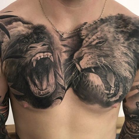 Tattoos-for-Men-0061 #tattooideas #mentattoo Chest Tattoo Men Ideas, Bulldogge Tattoo, Tattoo Men Ideas, Lion Chest Tattoo, Gorilla Tattoo, Lion Tattoo Sleeves, Spirit Tattoo, Mens Lion Tattoo, Bear Tattoos