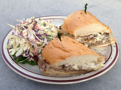 Beef Tri-Tip Sandwich — Russian River Pub (Forestville, Calif.) : It’s one of Guy’s favorite hangouts not only because of the log cabin exterior and the abundance of beer, but also because of its unexpected eats. The menu includes a northern California specialty: beef tri-tip smothered with caramelized onions and crumbled blue cheese. California Recipes, Diners Drive Ins And Dives, Tri Tip Sandwich, Dove Recipes, Beef Tri Tip, Log Cabin Exterior, Road Trip Food, California Food, Food Network Star