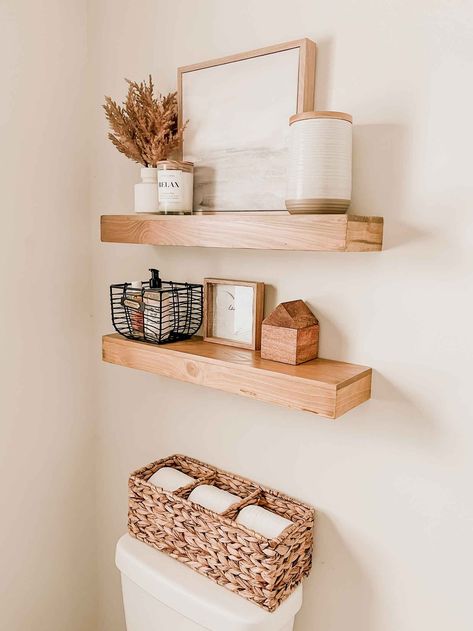 Walmart Plus bathroom decor Above Toilet Shelving, Bathroom Shelves Over Toilet Decor Ideas, Bathroom Shelf Decor Over Toilet, Above Toilet Shelves, Decor Above Toilet, Above Toilet Decor, Rustic Boho Bathroom, Half Bath Decor, Shelves Above Toilet