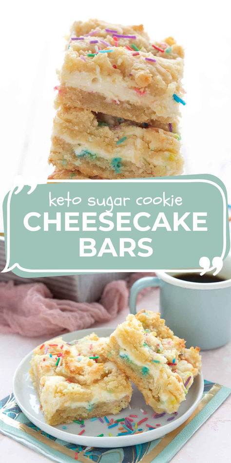 Two photo collage for Keto Sugar Cookie Cheesecake Bars Sugar Cookie Cheesecake Bars, Cookie Cheesecake Bars, Sugar Cookie Cheesecake, Sugar Free Desserts Easy, Low Sugar Diet Recipes, Cookie Cheesecake, Low Sugar Desserts, Sugar Free Cheesecake, Sugar Free Recipes Desserts