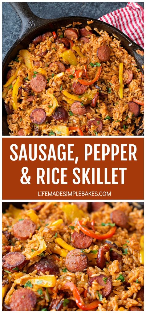 Smoky kielbasa sizzled with sweet bell pepper, onions and garlic in vibrant tomato sauce. This quick and easy sausage, pepper and rice skillet is downright delicious! #sausagepepperandriceskillet #sausageskillet #sausageandpepperskillet #riceskillet Sausage Recipes For Dinner, Smoked Sausage Recipes, Sausage Dinner, Rice Skillet, Italian Sausage Recipes, Sausage Dishes, Tasty Dinner, Health Dinner, Health Dinner Recipes