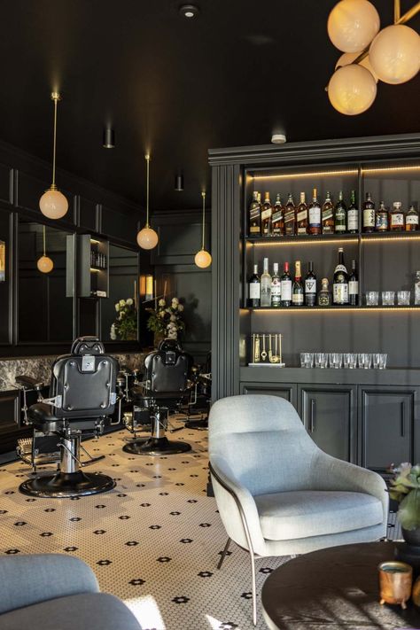 Mens Barbershop Interior Design, Barbershop With Bar, Modern Barber Shop Ideas, Barber Shop Decor Modern, Small Barber Shop Ideas, Whisky Room, Modern Barber Shop, Barbershop Design Interior, Barber Shop Interior