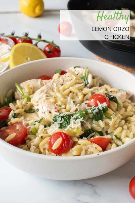 Lemon Chicken Orzo Skillet, Chicken Spinach Basil Recipes, Lemon Tomato Chicken, Chicken Spinach Tomato Orzo, Chicken Recipes With Orzo, Chicken Orzo Recipes Dairy Free, Orzo Chicken Recipes Healthy, Healthy Dinner Recipes Orzo, Chicken And Orzo Recipes Healthy