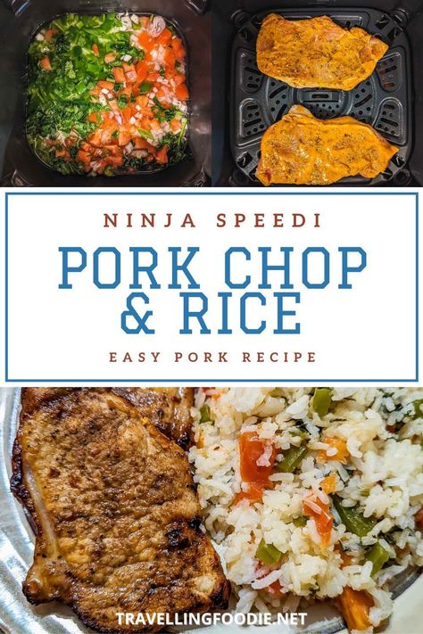 Ninja Speedi Pork Chop Rice Recipe is a delicious bbq glazed pork chop with herb-infused rice that's perfect for an easy dinner or lunch! Learn how to make bbq pork chop with rice in Ninja Speedi Rapid Cooker & Air Fryer in under 30 minutes on Travelling Foodie! #travellingfoodie #ninjaspeedi #ninjaspeedirecipes #easyrecipes | Ninja Speedi Meals |  Ninja Speedi Recipes | Ninja Speedi Rice | Ninja Speedi Pork Chop | Ninja Speedi Recipes for Beginners | Pork Chop and Rice Meal | Pork Chops & Rice Ninja Speedi Meals, Pork Chop And Rice, Pork Chop Rice, Ninja Combi, Pork Chops And Rice, Ninja Cooking System Recipes, How To Make Bbq, Bbq Pork Chops, Glazed Pork Chops